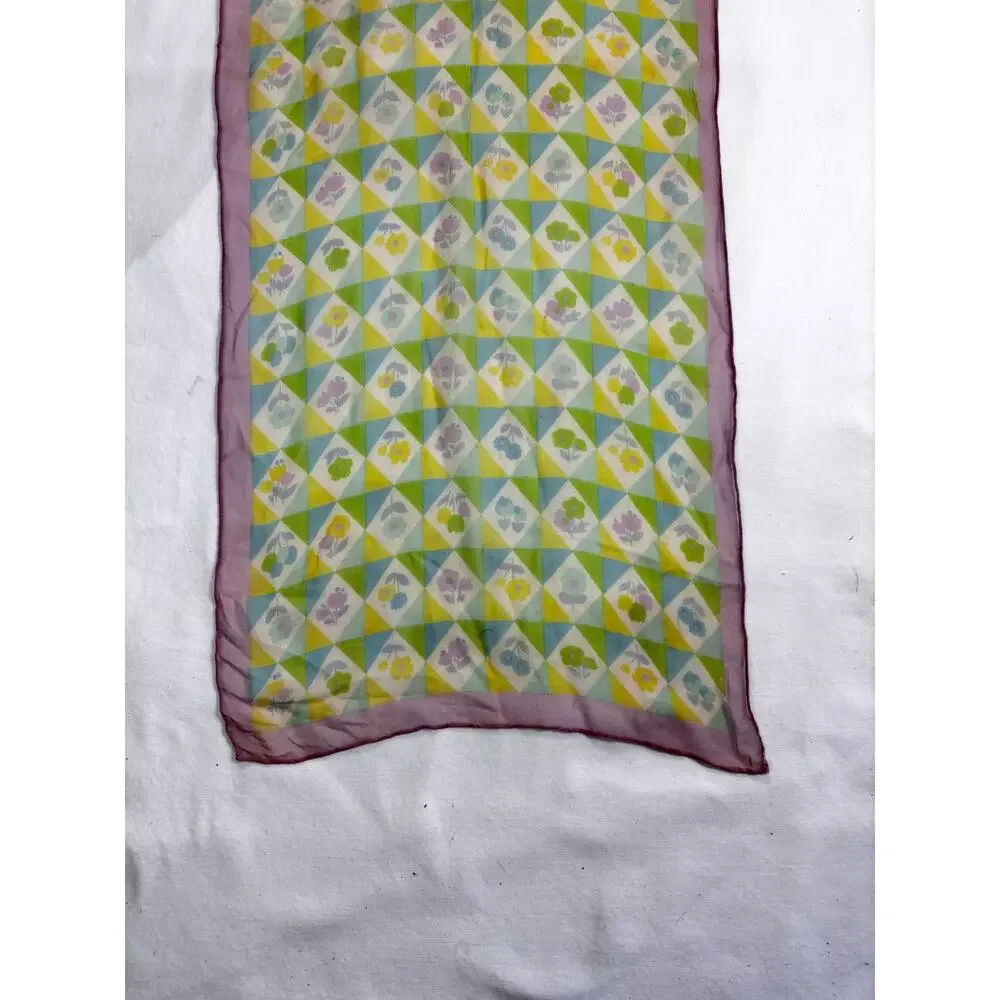 Vintage 1960s Silk Chiffon Scarf Geometric Floral Purple Green Blue Hand Rolled